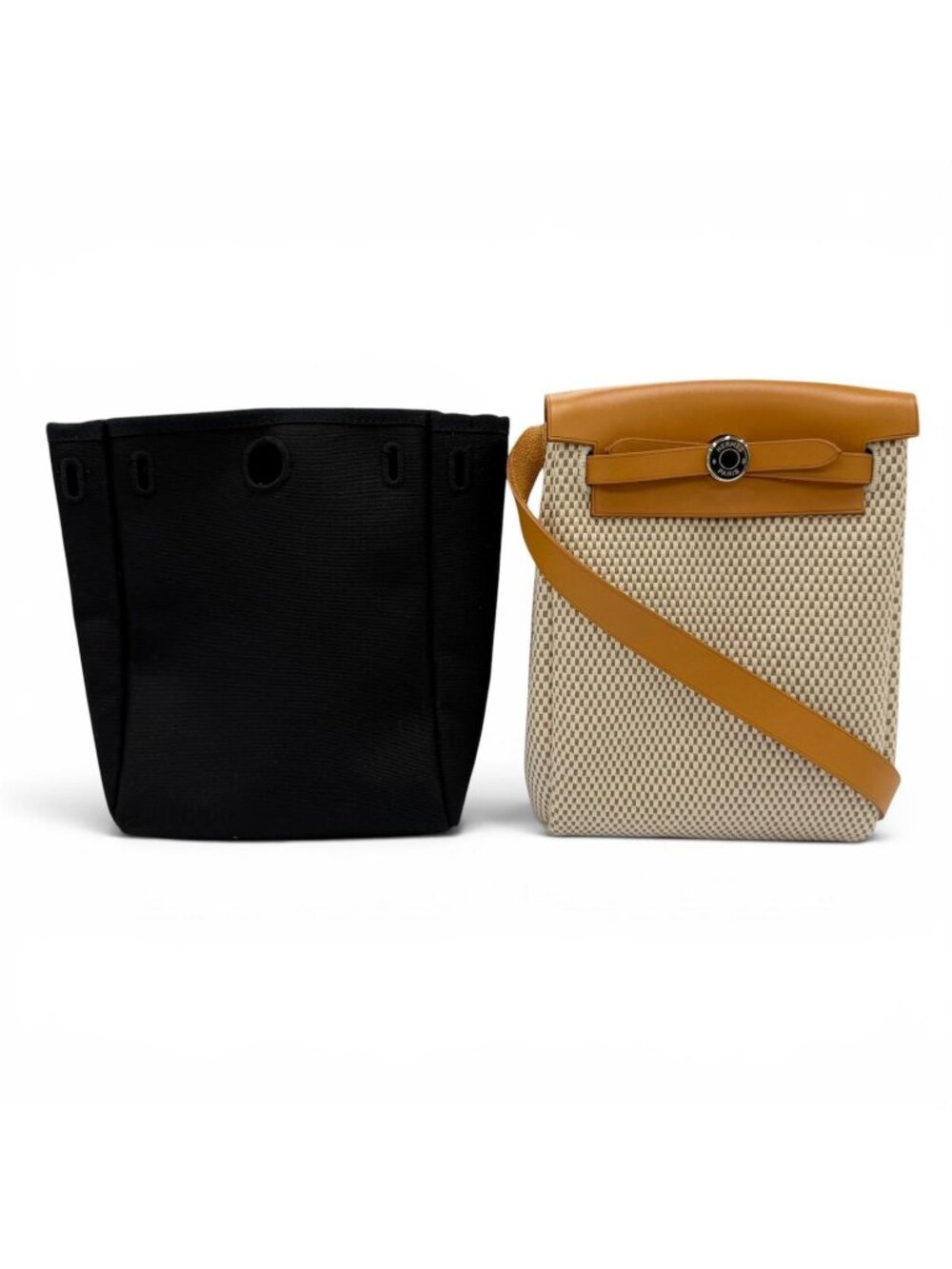 Hermes Herbag TPM Shoulder Bag Toile GM Officier Natural Beige Black